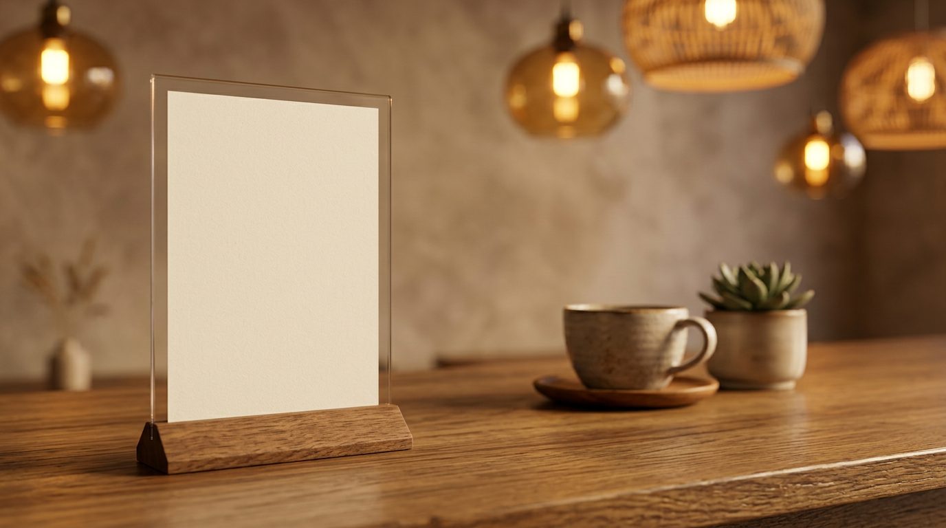 Kẹp menu gỗ trên quầy quán cafe ánh đèn ấm